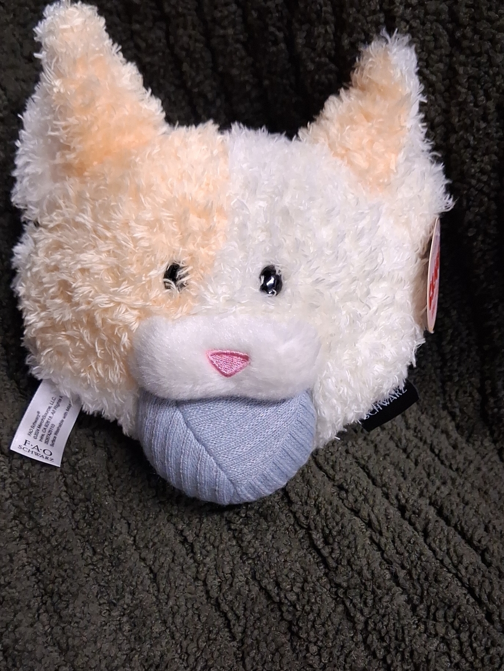 FAO Schwarz Cream & Peach Plush Cat Face Toy with Light Blue Yarn Ball